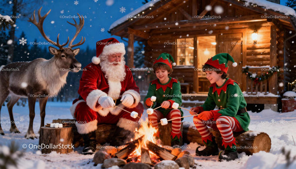Santa and Elves Toasting Marshmallows by Winter Cabin Fire