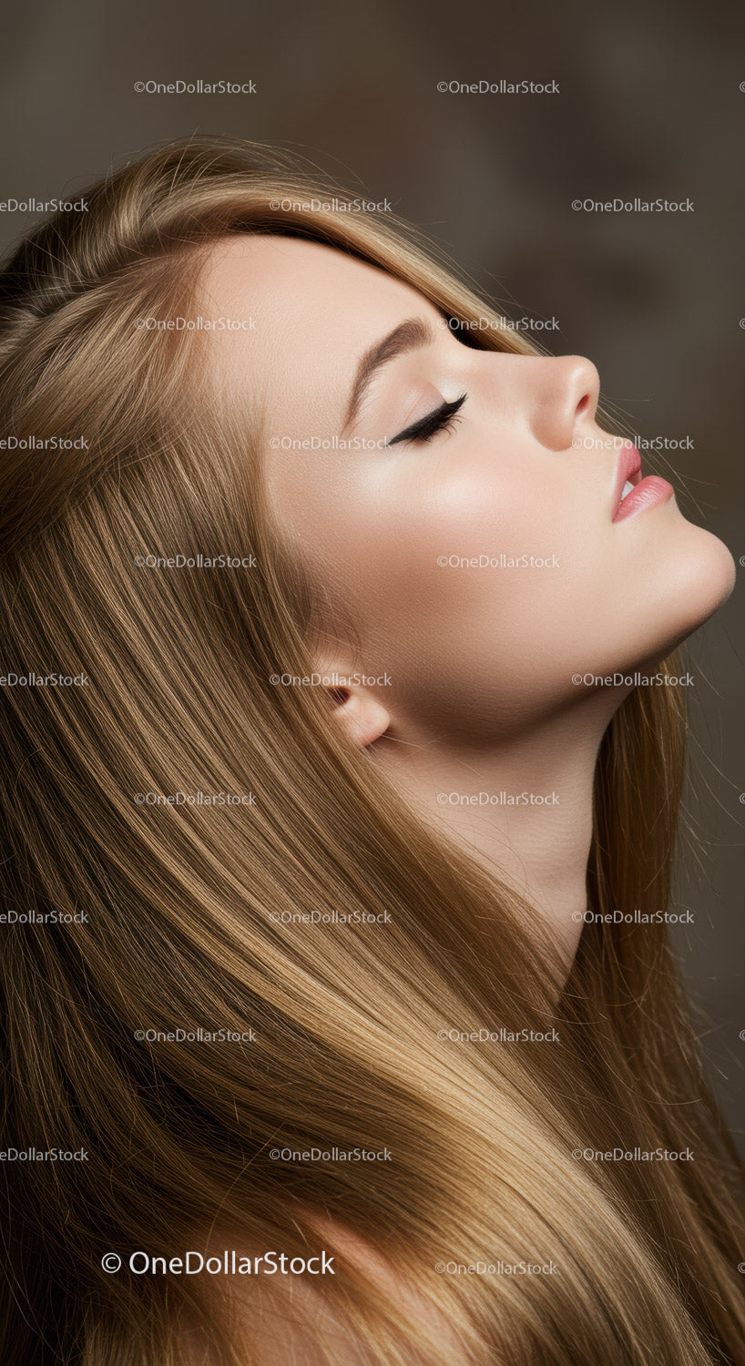 Profil spokojnej kobiety z długimi, falującymi blond włosami