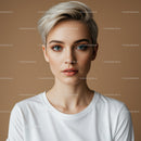 Close-up Portrait of a Young Woman with Short Platinum Blonde Hair and Blue Eyes
