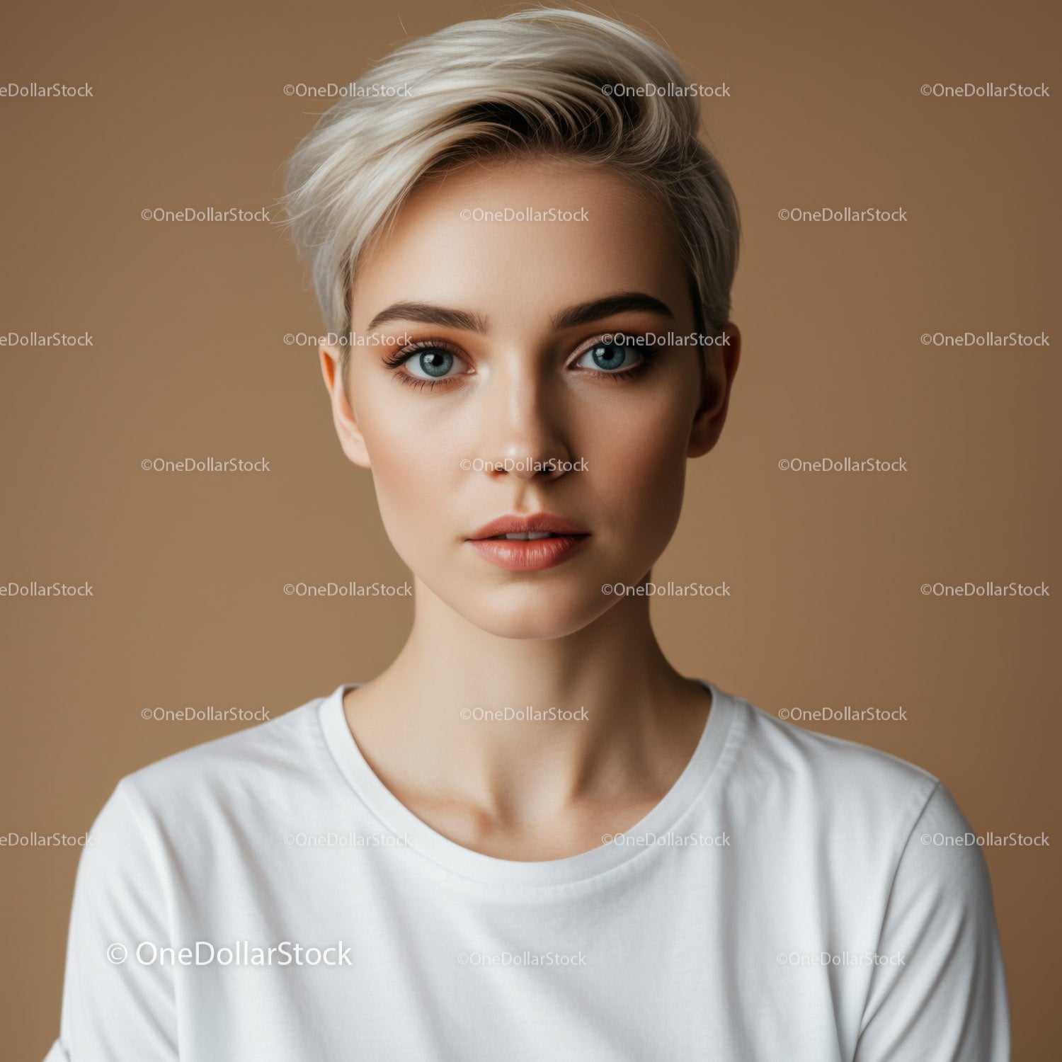 Close-up Portrait of a Young Woman with Short Platinum Blonde Hair and Blue Eyes