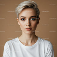 Close-up Portrait of a Young Woman with Short Platinum Blonde Hair and Blue Eyes