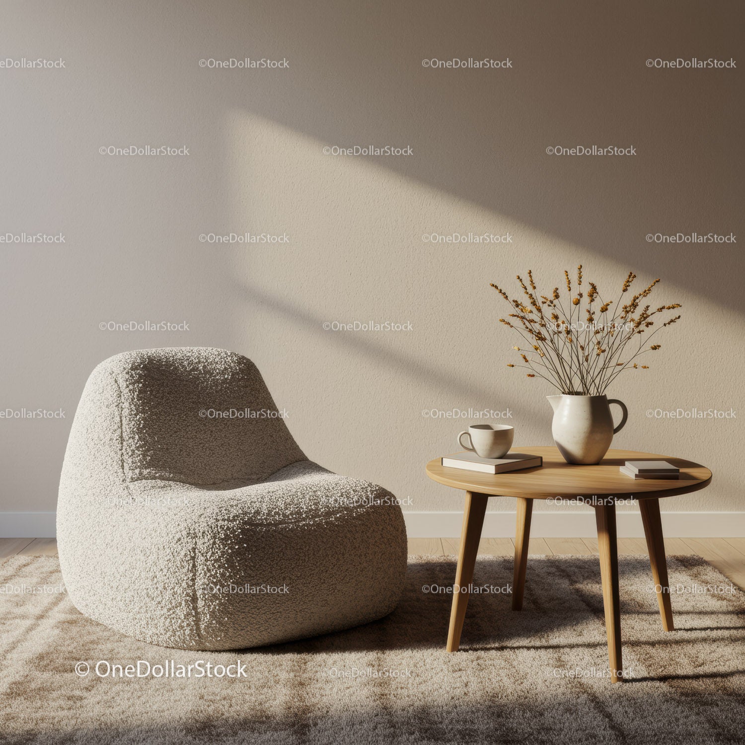 Cozy modern armchair and wooden coffee table setup
