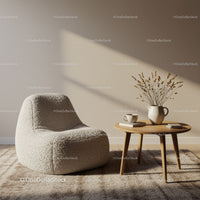 Cozy modern armchair and wooden coffee table setup