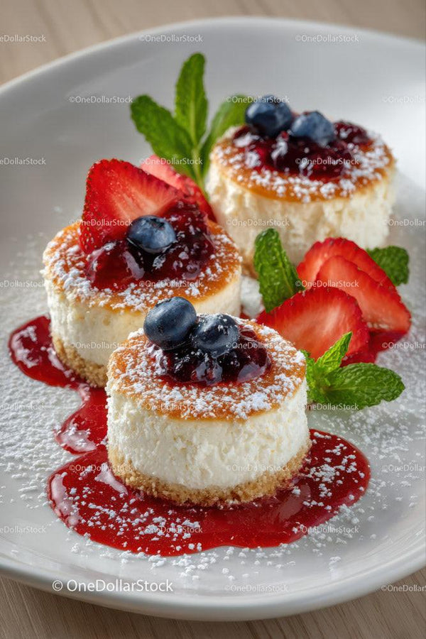 Mini Cheesecakes with Berry Topping and Fresh Fruit Garnish