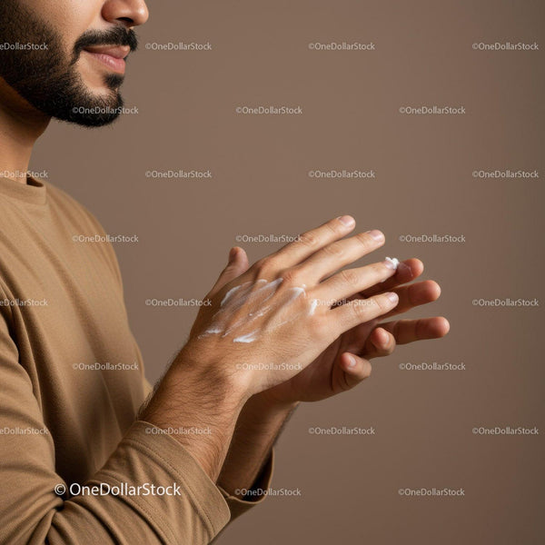 Man Applying Lotion on Hands for Moisturizing Skincare Routine