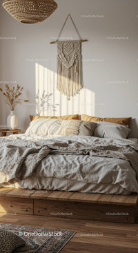 Cozy bedroom with natural tones and macrame wall hanging