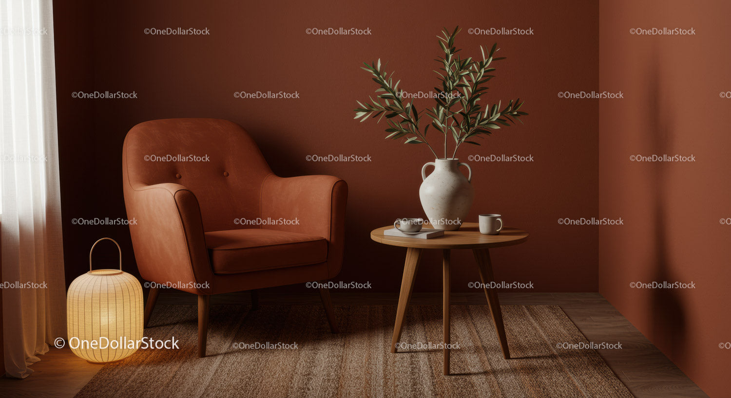 Cozy corner with leather armchair and wooden table