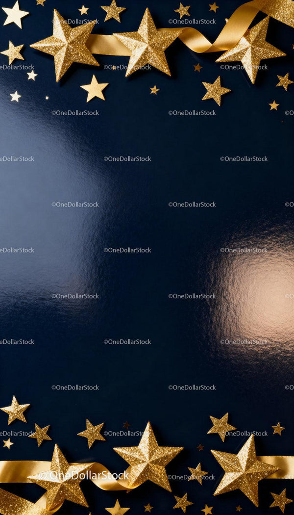 Golden Glittering Stars and Ribbon on Deep Blue Background