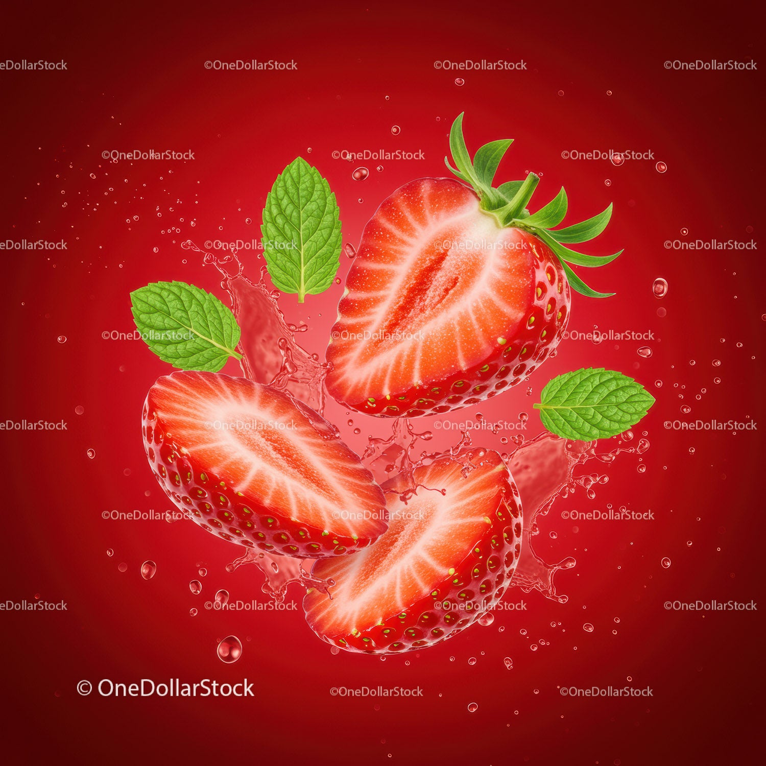 Fresh sliced strawberries with mint leaves and splash