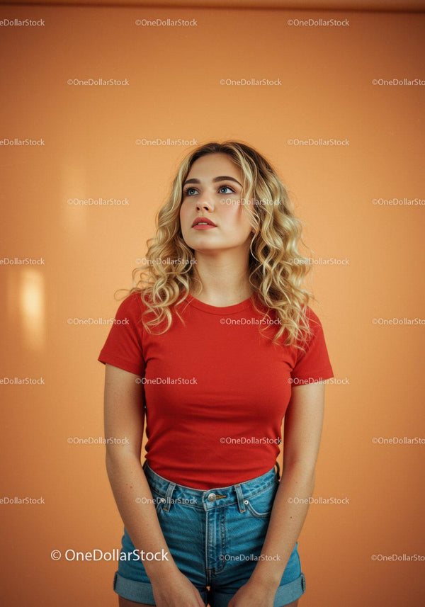 Blonde woman in red shirt looking up thoughtfully