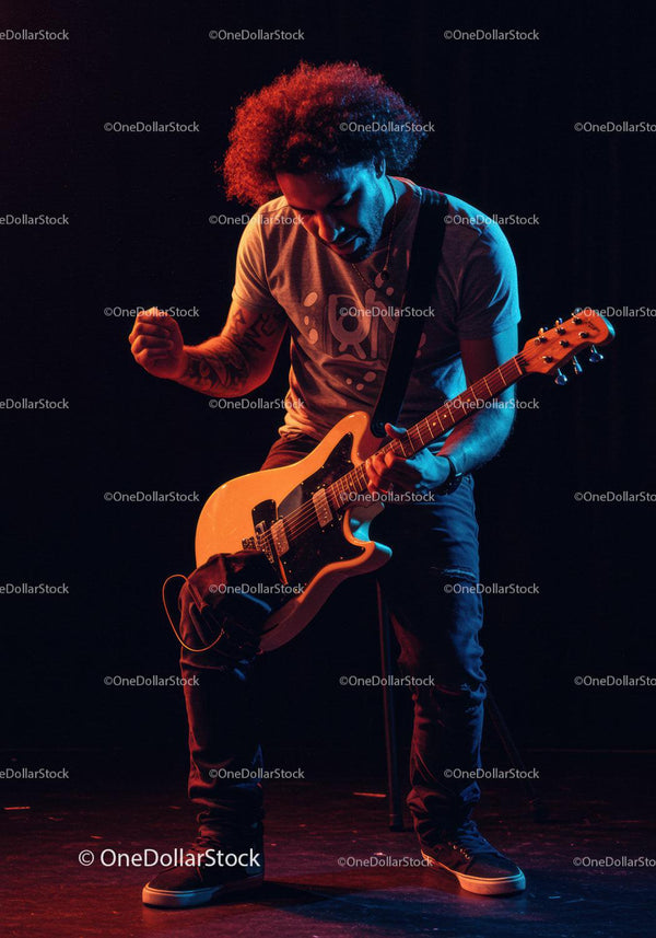 Passionate male guitarist playing electric guitar on stage