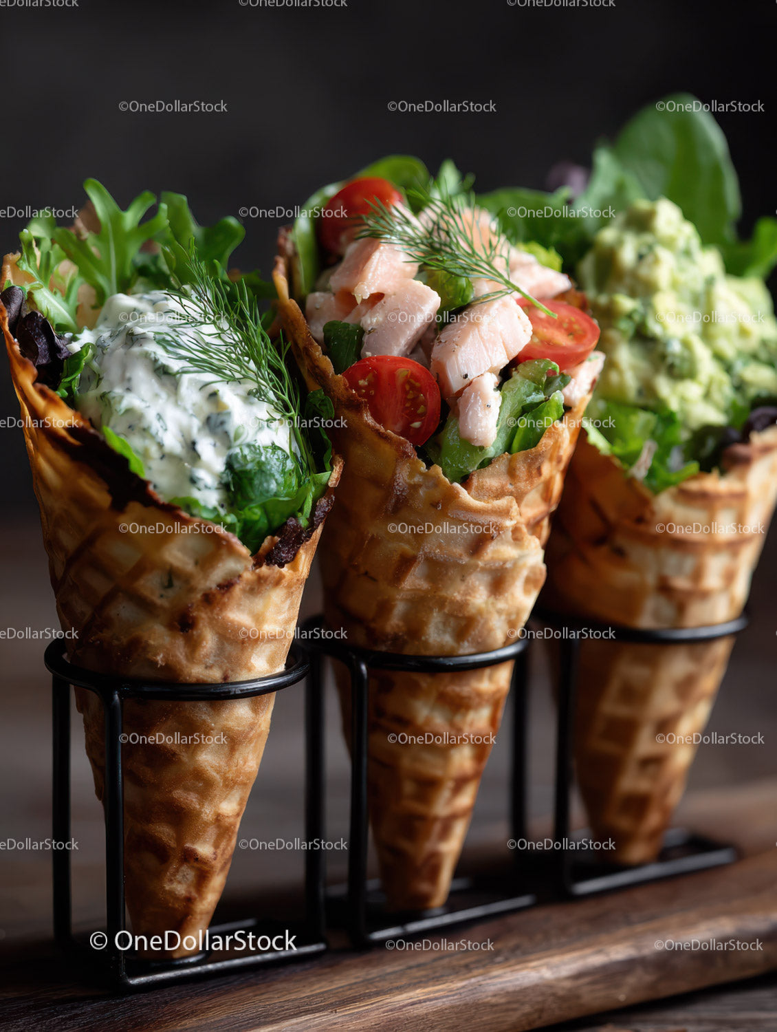 Assorted Fresh Salad and Gourmet Appetizer Cones with Salmon and Vegetables