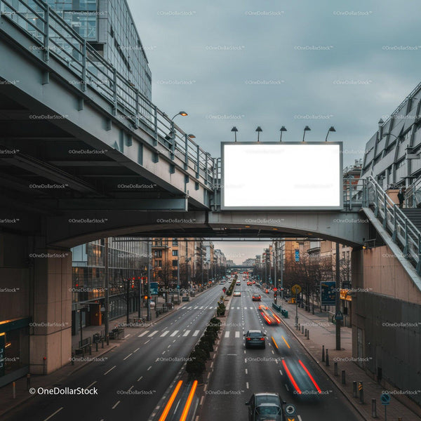 Urban street with modern overpass and blank billboard JPG Mockup Image