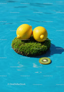 Fresh lemons and kiwi slice on moss floating in water