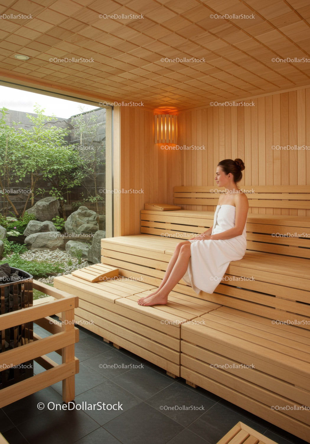 Relaxing Woman Sitting in Wooden Sauna with Garden View