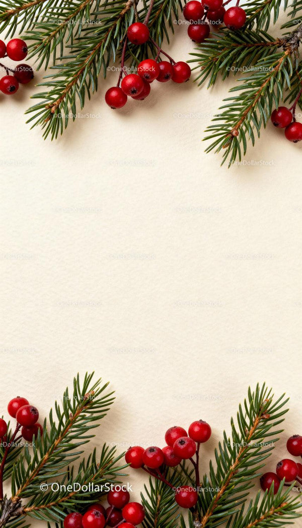 Festive Red Berries and Green Pine Branches on Beige