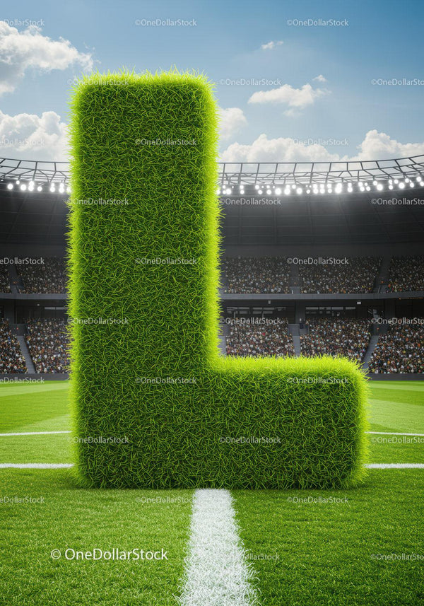 Giant Grass Letter L on Soccer Field with Stadium Crowd