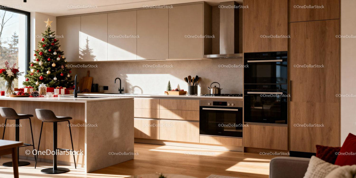 Modern kitchen with Christmas tree and holiday decor
