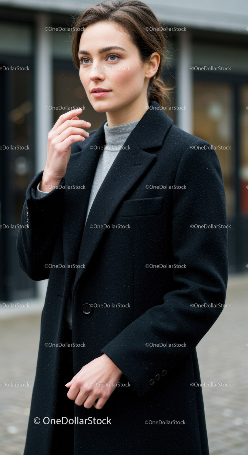 Elegancka kobieta w czarnym płaszczu i szarym golfie w miejskim otoczeniu