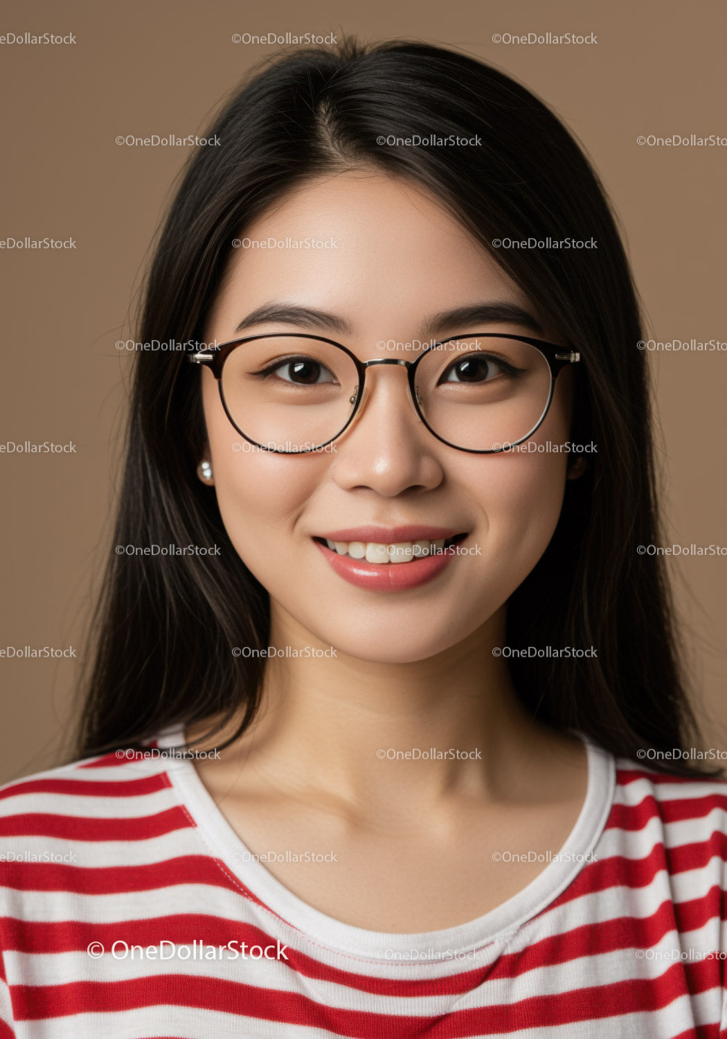 Young Woman Wearing Stylish Glasses with Smile in Casual Attire