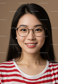 Young Woman Wearing Stylish Glasses with Smile in Casual Attire