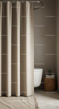 Minimalist Bathroom with Beige Shower Curtain and Wooden Side Table