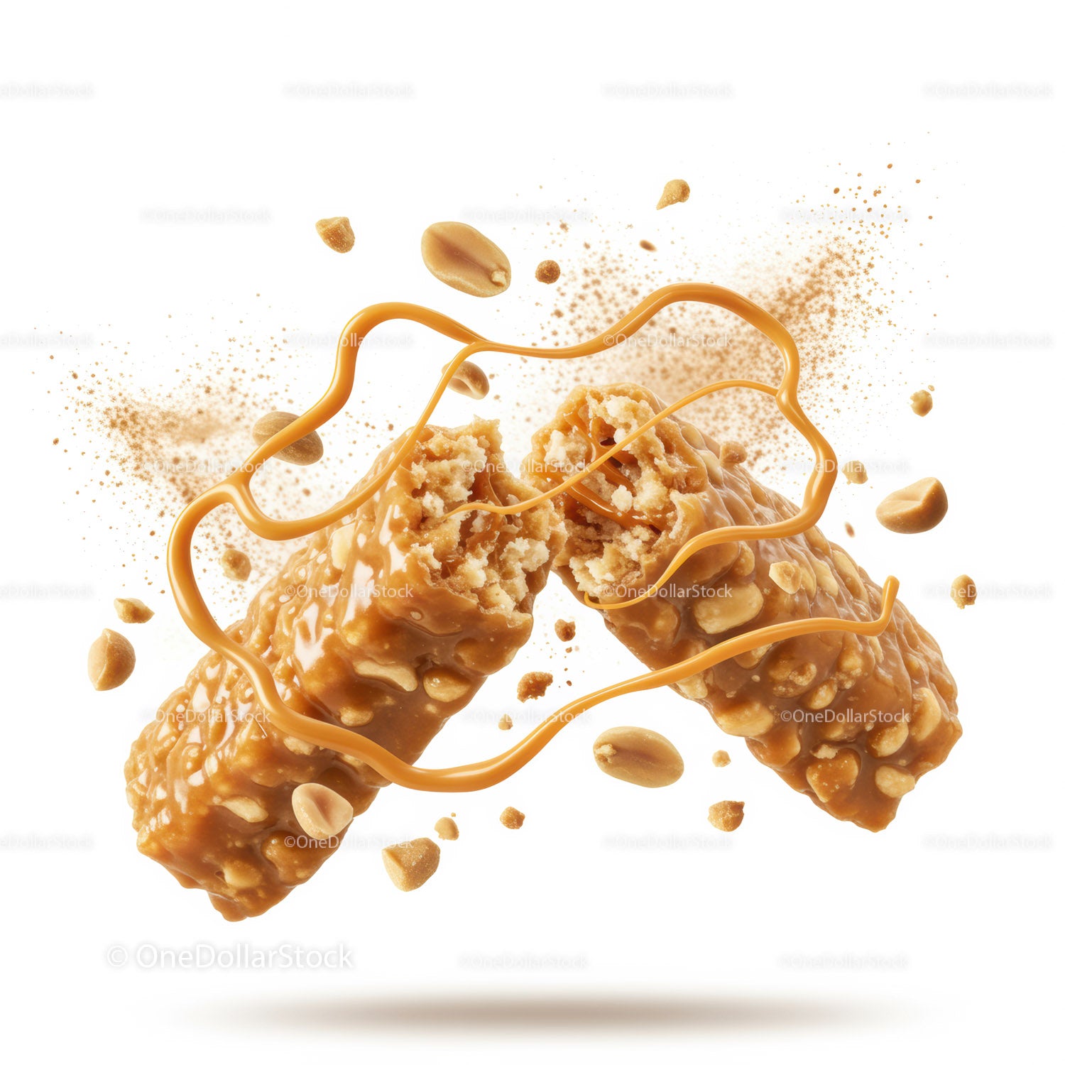 Crispy peanut caramel snack bar broken in half