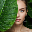 Woman with Blue Eye Peeking from Behind Large Leaf with Water Droplets