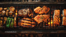 Barbecue Grill with Grilled Salmon Vegetables and Mushrooms