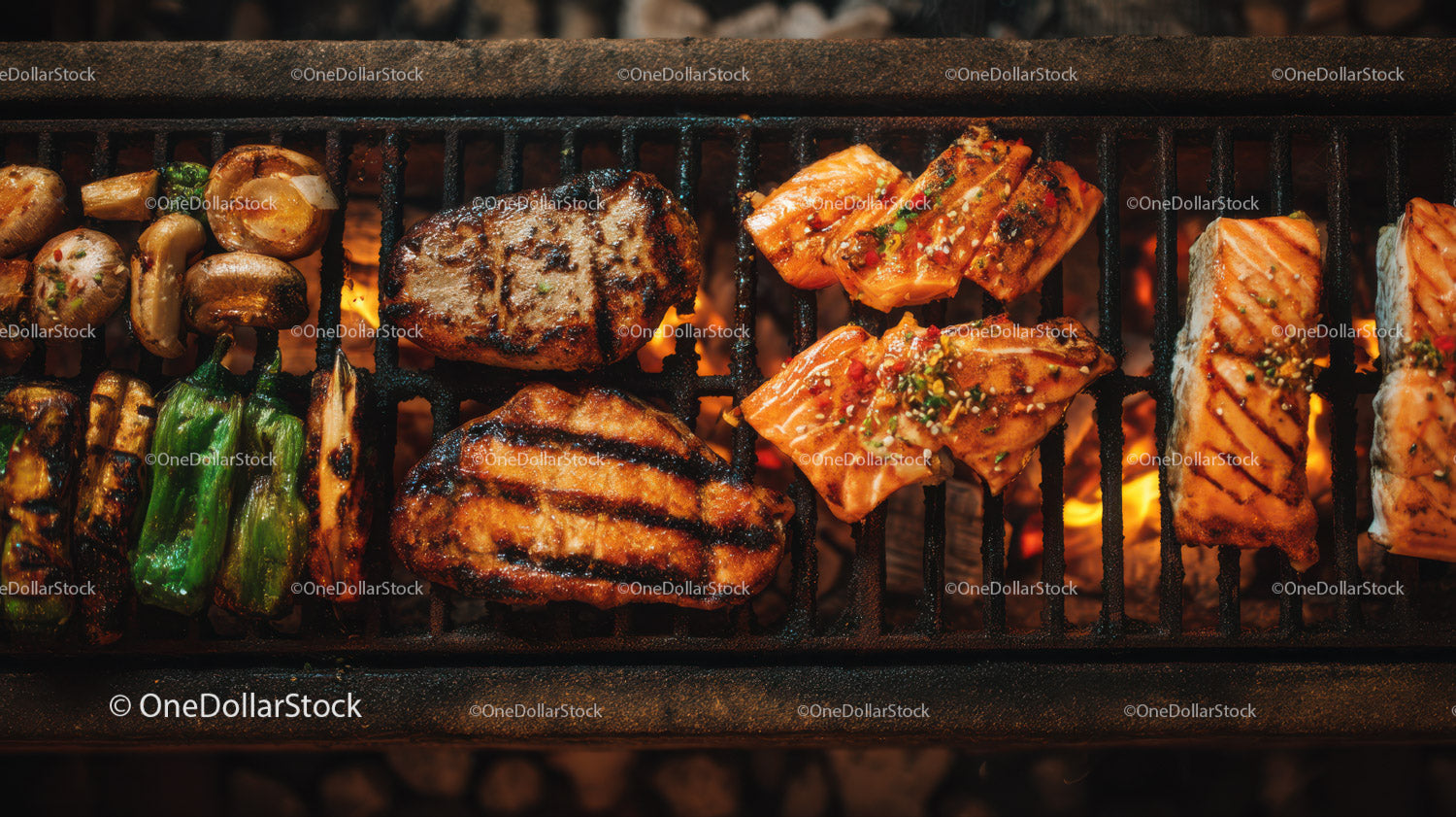 Barbecue Grill with Grilled Salmon Vegetables and Mushrooms