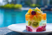 Colorful Layered Fruit Salad in a Glass with Tropical Fruits