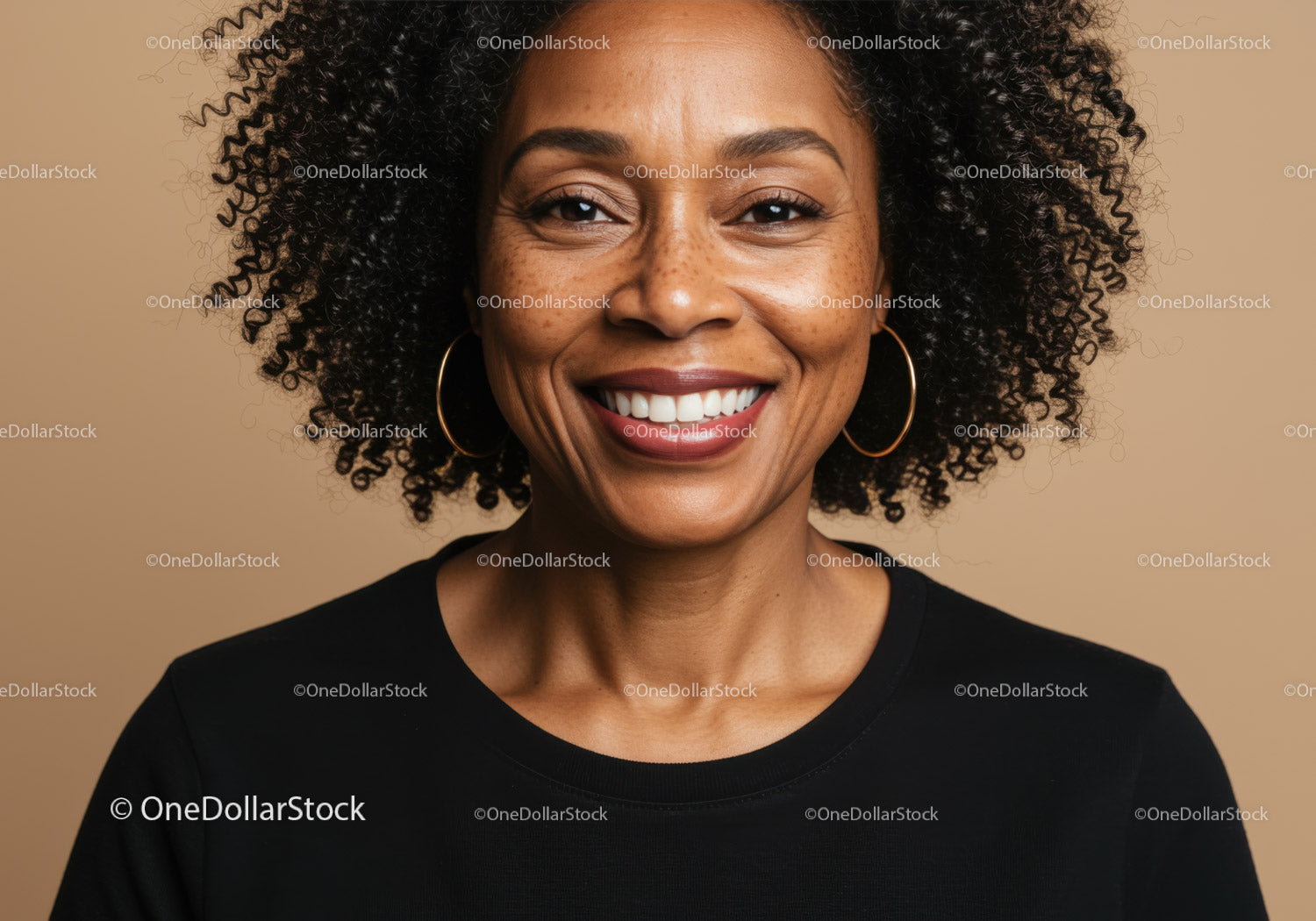 Joyful Woman with Curly Hair and Big Earrings in Casual Portrait