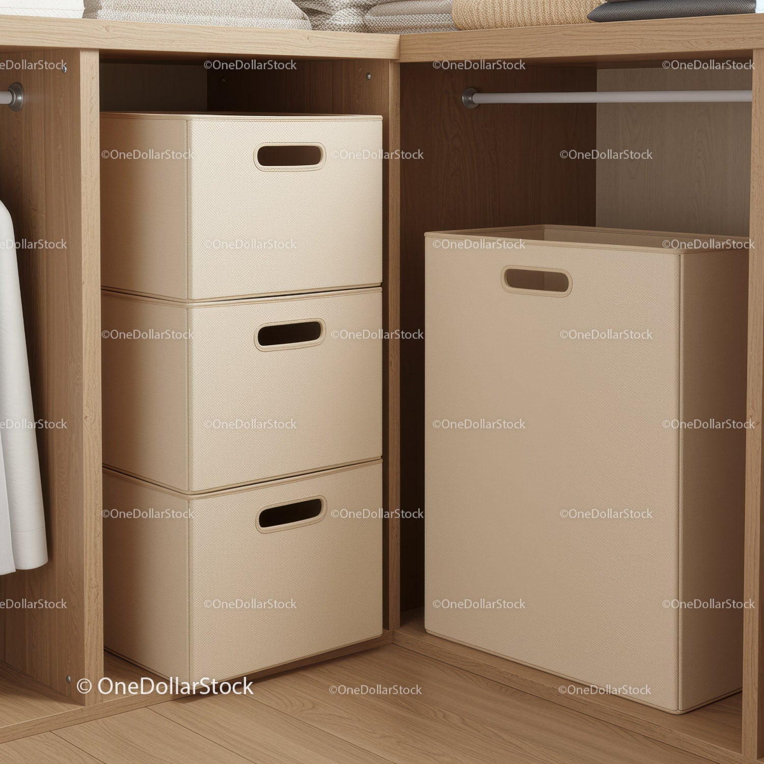 Neat Closet with Storage Boxes and Wooden Shelving for Home Organization
