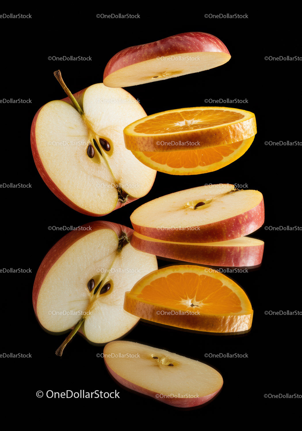 Sliced apple and orange pieces floating on black