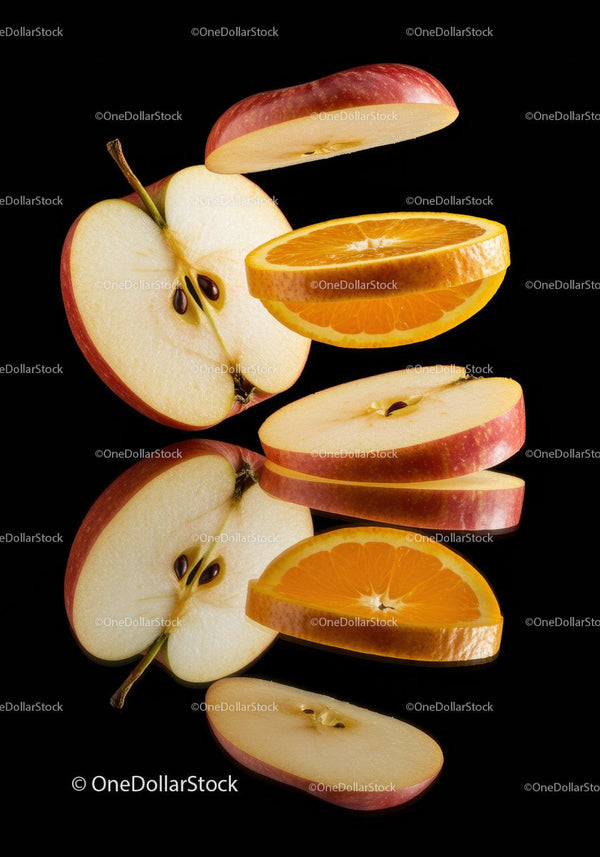Sliced apple and orange pieces floating on black