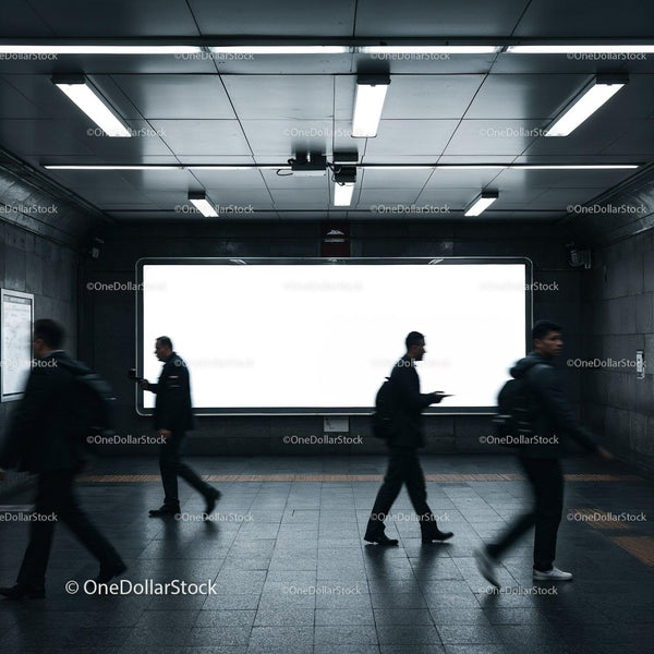 Commuters walking past bright billboard in subway station JPG Mockup Image