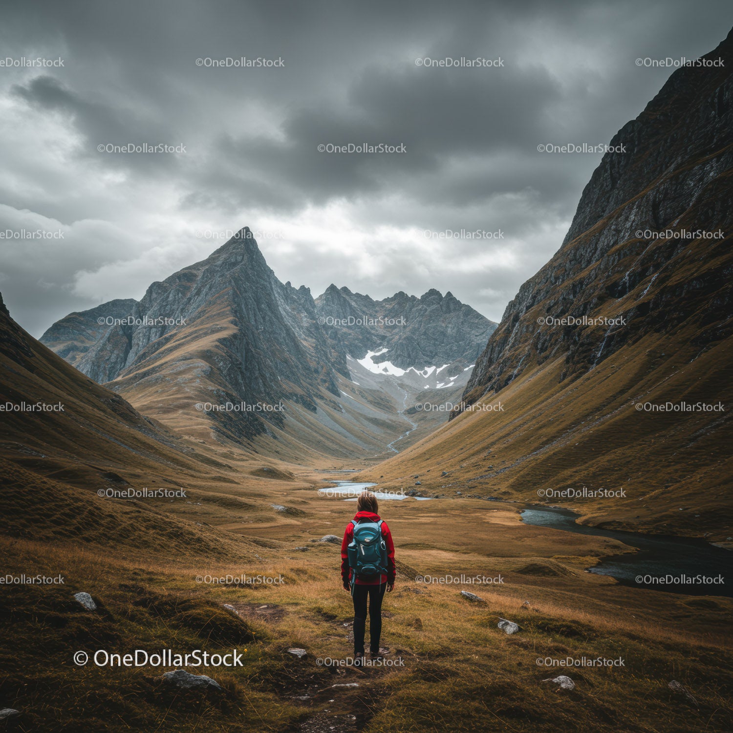 Majestic Mountain Valley with Hiker and Rocky Peaks Under Cloudy Sky