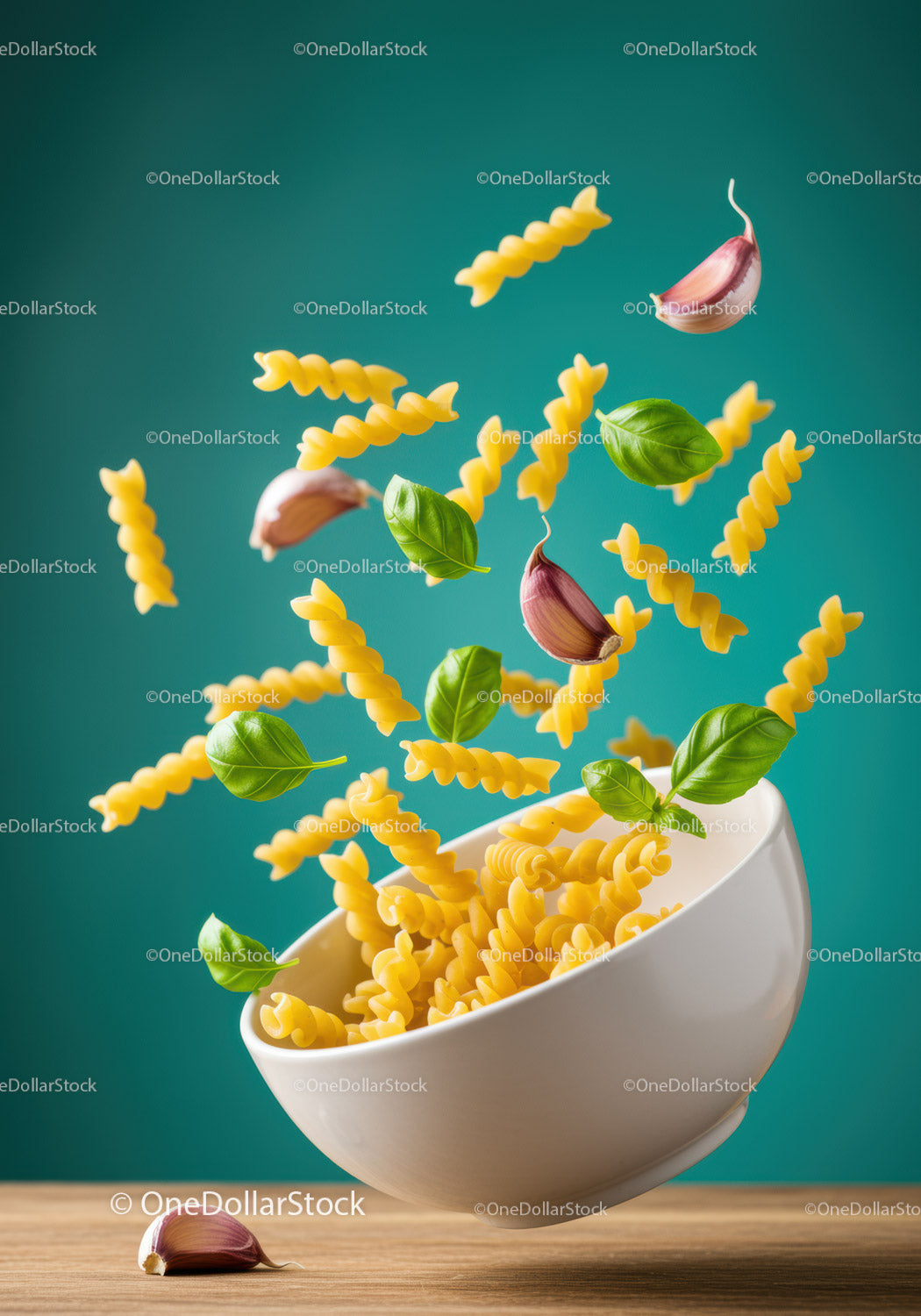 Latający makaron Fusilli z czosnkiem i świeżymi liśćmi bazylii