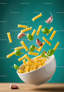 Flying Fusilli Pasta with Garlic and Fresh Basil Leaves