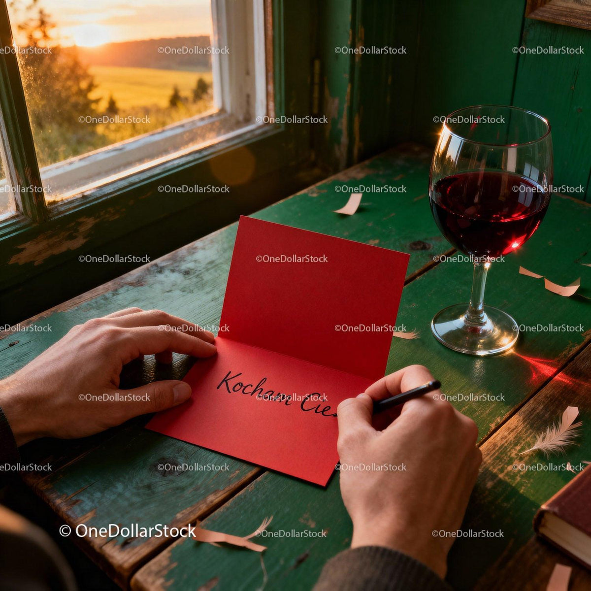 Writing a Romantic Note by the Window at Sunset