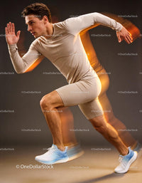 Athlete sprinting fast in beige sportswear with motion blur