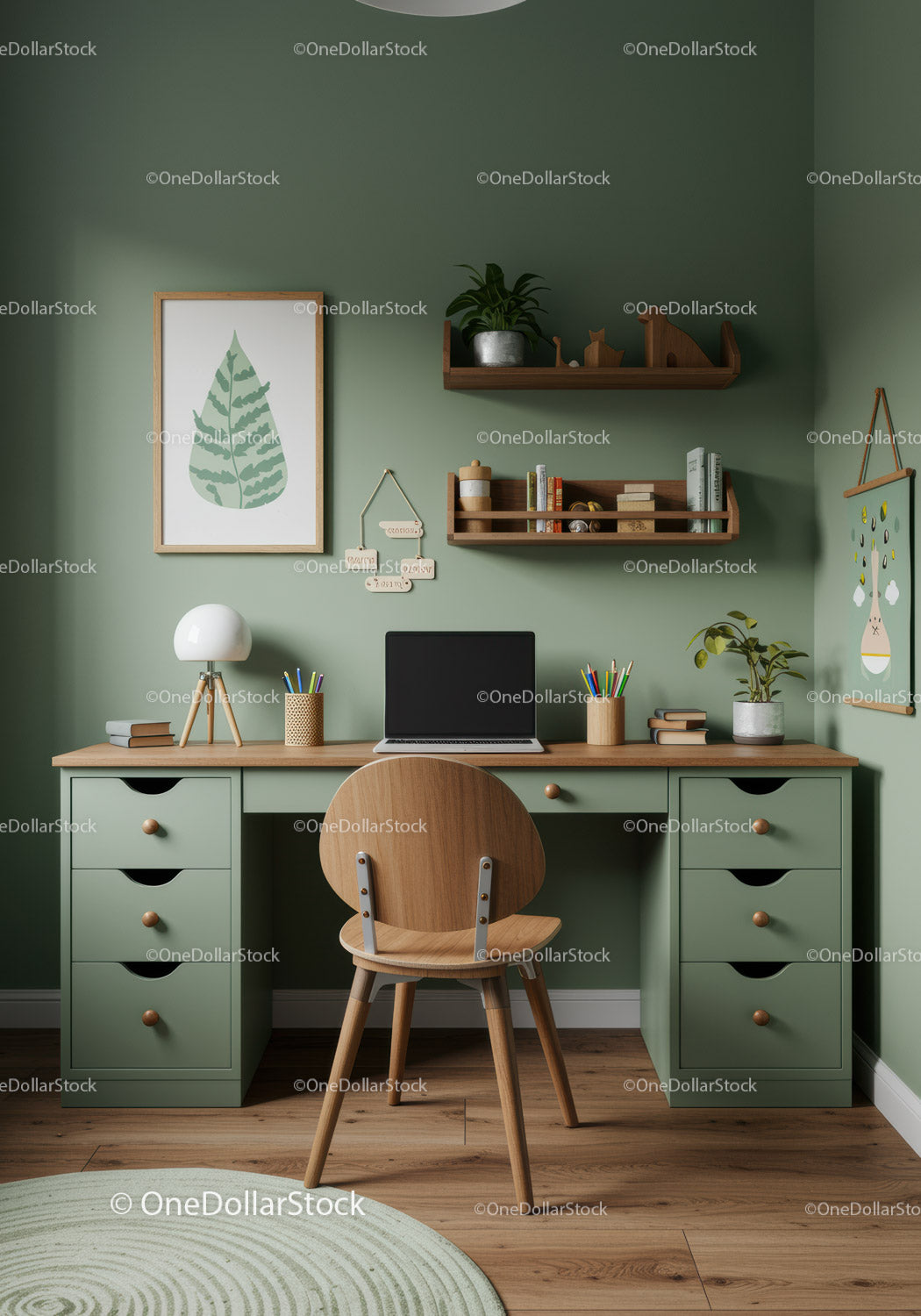 Stylish Green Home Office Workspace with Wooden Desk and Decor