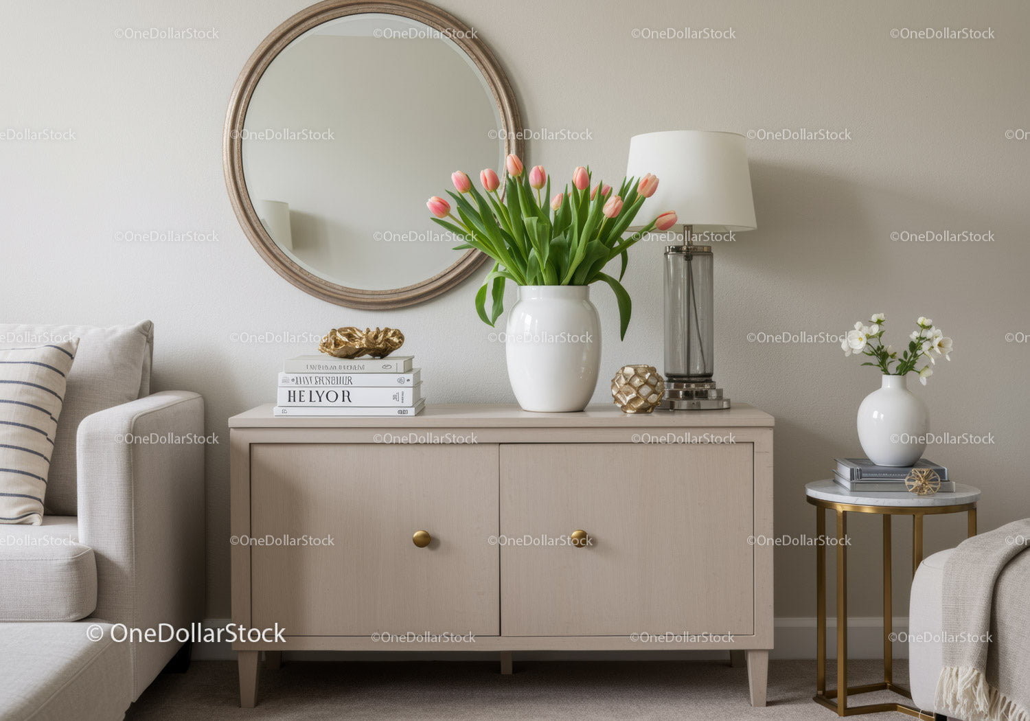 Elegancki salon z różowymi tulipanami i nowoczesnym wystrojem