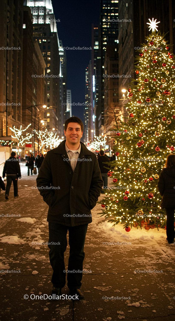 Man enjoying festive city street with illuminated tree