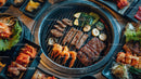 Korean Barbecue Grill with Beef, Shrimp, and Fresh Vegetables