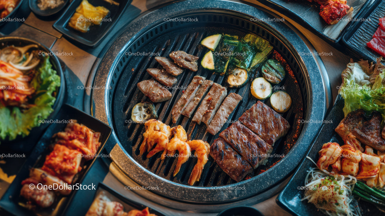 Korean Barbecue Grill with Beef, Shrimp, and Fresh Vegetables