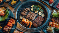 Korean Barbecue Grill with Beef, Shrimp, and Fresh Vegetables