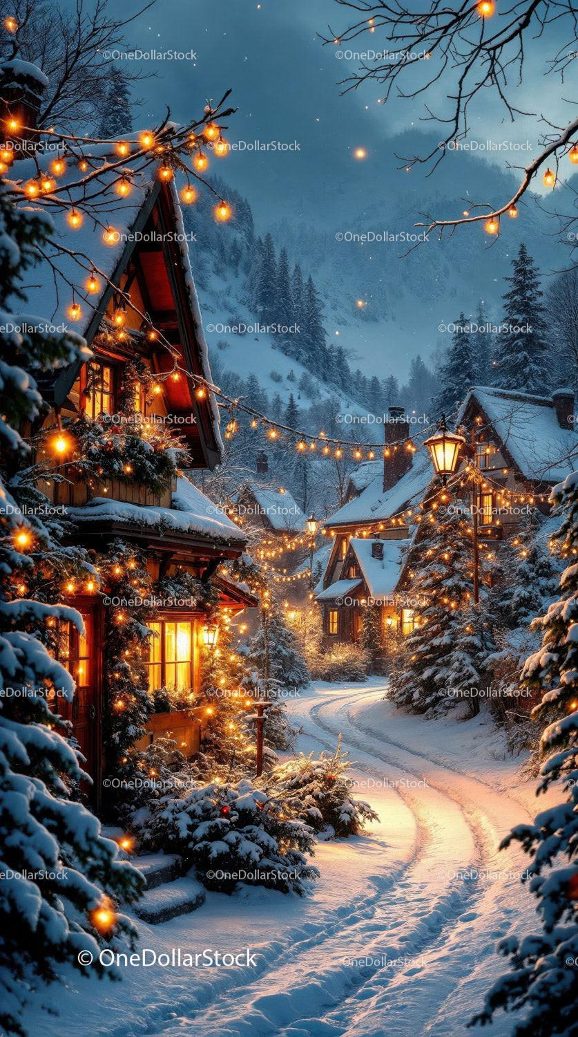 Cozy Snowy Village Street with Warm Festive Lights