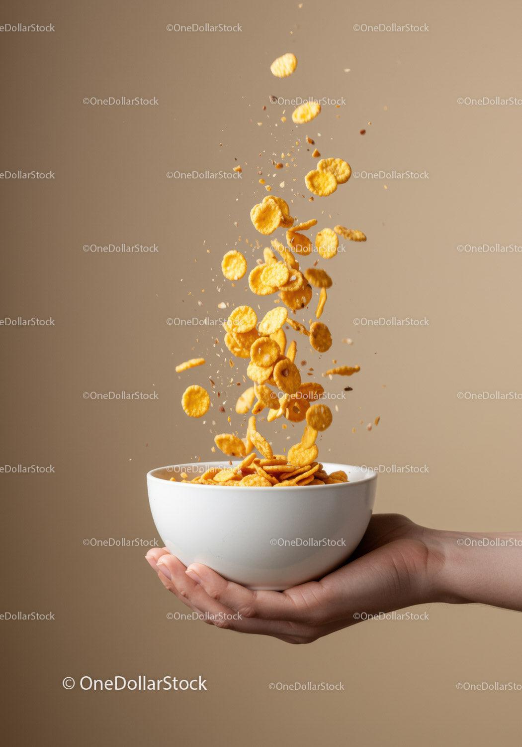 Hand Holding White Bowl with Flying Cornflakes