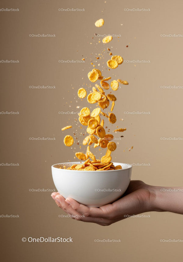 Hand Holding White Bowl with Flying Cornflakes